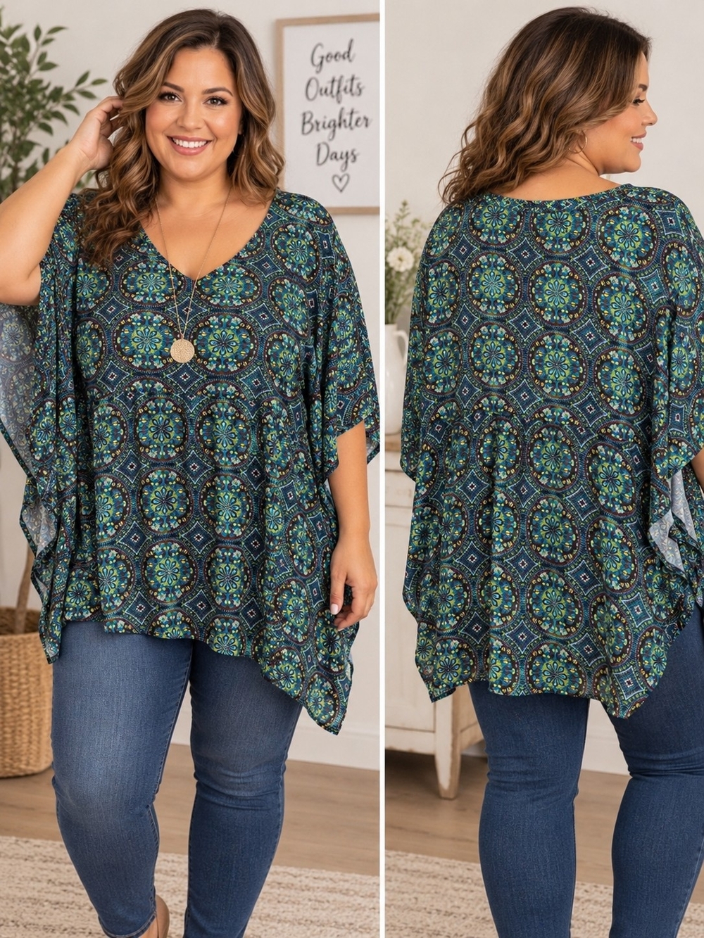 Kim Rogers Plus Size Boho Poncho Kaftan Top Colorful Medallion Print Flowy Tunic